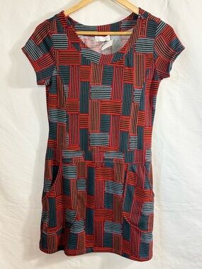 Za Zen Striped Geo-Block Short Sleeve Mini Dress in Red and Blue